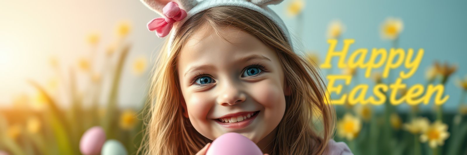Young girl celebrates Easter with colorful eggs in a sunny flower-filled garden during springtime
